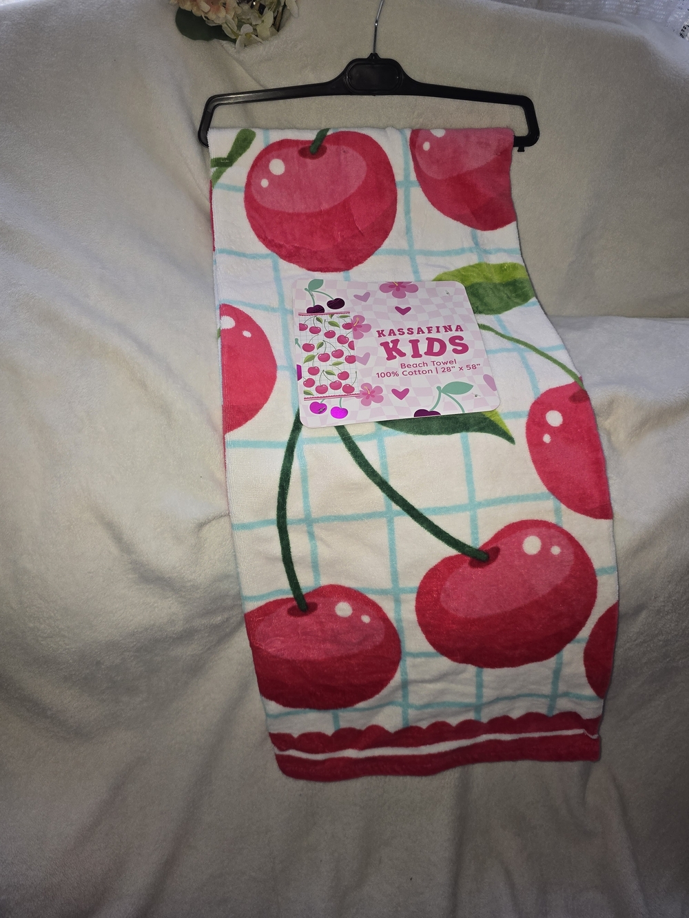 Kassafina Kids Cherry Print Beach Towel - Bright Pink & Green